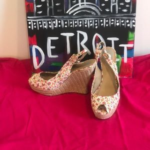 Never Worn! High Wedge Peep Toe Sling Backs!